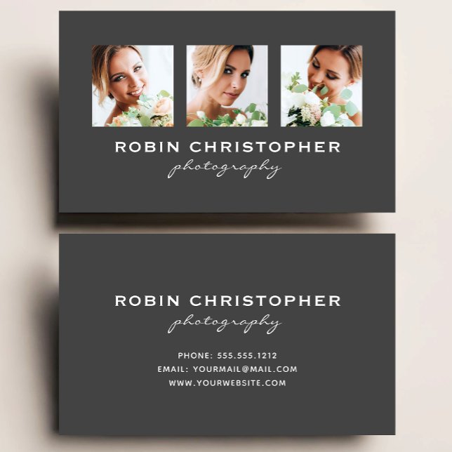 Modern Three Photo Collage Charcoal Photographer Business Card (Creator Uploaded)