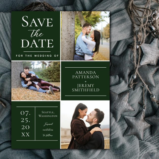 Modern Three Photo Collage | Emerald Green Save The Date (Emerald Green Modern Three Photo Collage Save the Date)