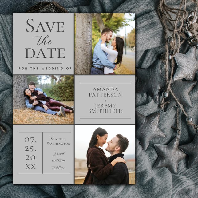 Modern Three Photo Collage | Grey Save the Date (Light Gray Modern Three Photo Collage Save the Date)