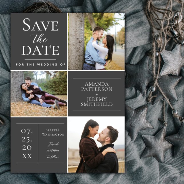 Modern Three Photo Collage | Grey Save the Date (Dark Gray Modern Three Photo Collage Save the Date)