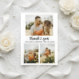 Modern Three Photo Collage Heart Script Wedding  Thank You Card