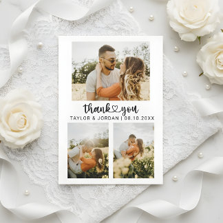 Modern Three Photo Collage Heart Script Wedding  Thank You Card
