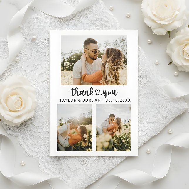Modern Three Photo Collage Heart Script Wedding  Thank You Card (Creator Uploaded)