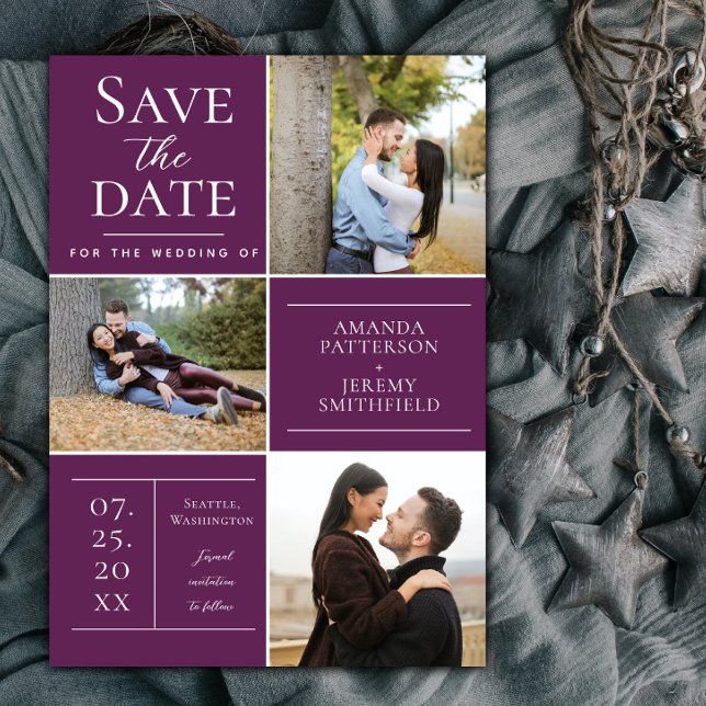 Modern Three Photo Collage | Magenta Save The Date (Magenta Modern Three Photo Collage Save the Date)