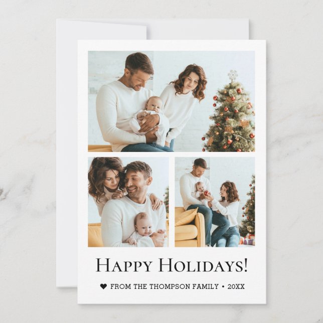 Modern Three Photo Family Christmas happy holidays Holiday Card (Front)