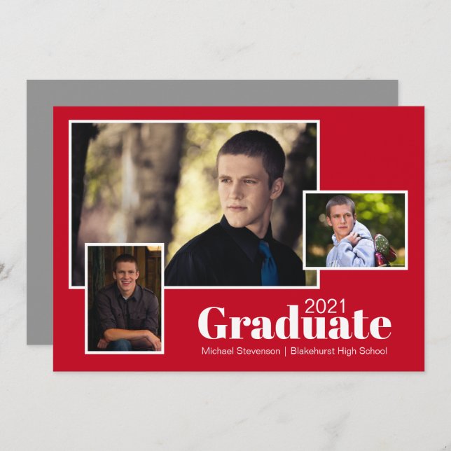 Modern Three Photo Grey and Red Graduation Party Invitation (Front/Back)
