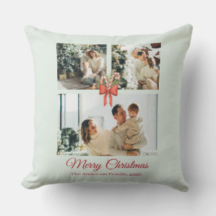 Modern Three-Photo Holiday Family Collage Cushion