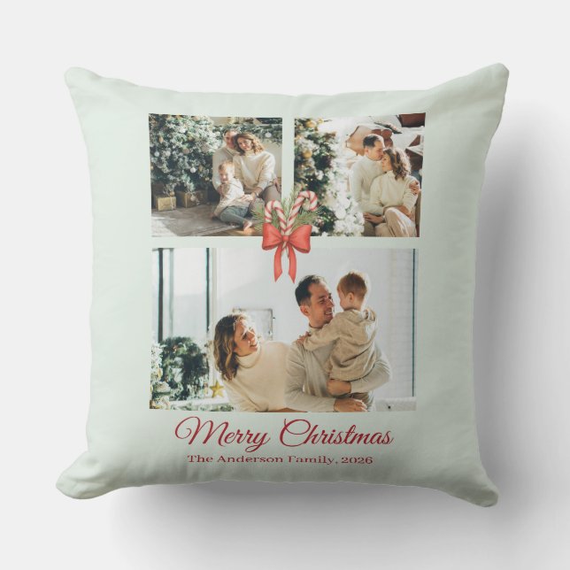 Modern Three-Photo Holiday Family Collage Cushion (Front)