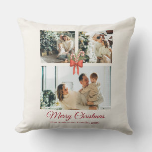 Modern Three-Photo Holiday Family Collage Cushion