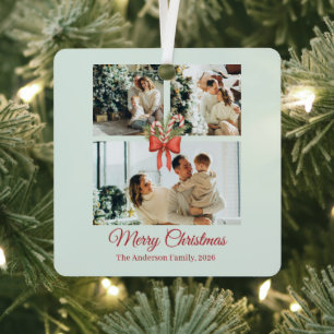 Modern Three-Photo Holiday Family Collage Metal Tree Decoration