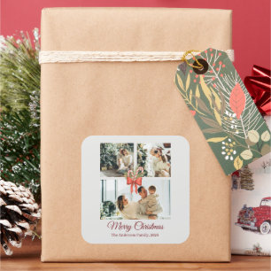 Modern Three-Photo Holiday Family Collage Square Sticker
