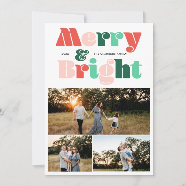 Modern three photo Merry and Bright Holiday Card (Front)