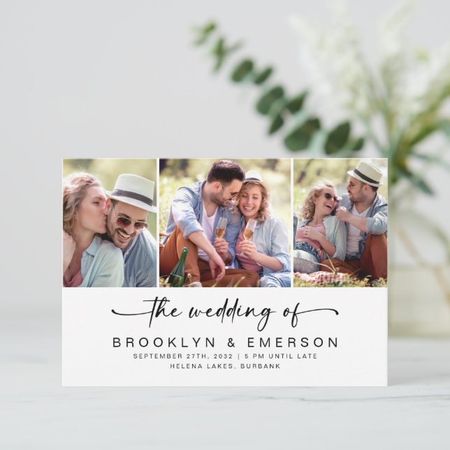 Modern Three Photo QR Code RSVP Wedding Invitation (Standing Front)