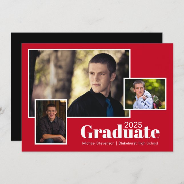 Modern Three Photo Red and Black Graduation Party  Invitation (Front/Back)
