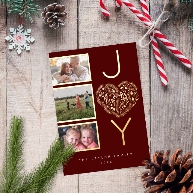 Modern Three Photo Red Joy Joyful Christmas Heart Foil Holiday Card (Creator Uploaded)
