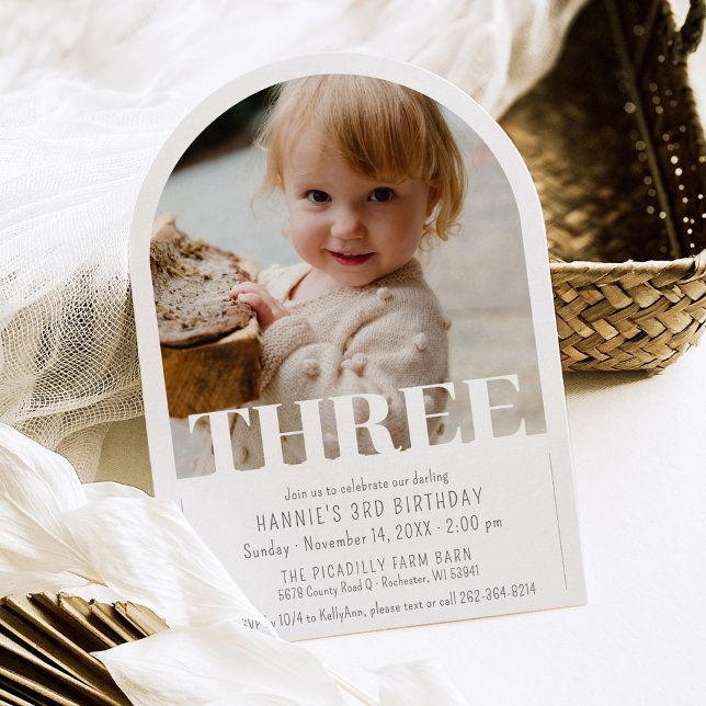 Modern THREE Photo Simple Arch 3rd Birthday Party Invitation (Custom simple THREE photo arch shape unique boy girl personalized 3rd birthday party invitation)