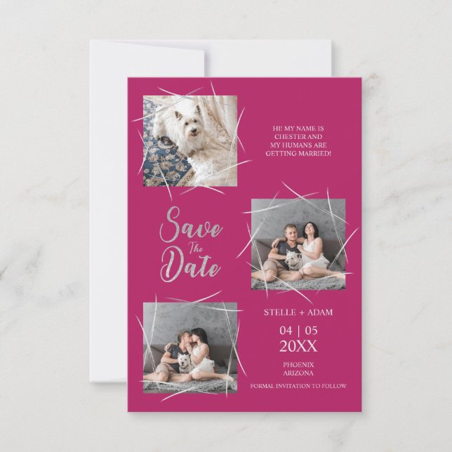 Modern Three Photos Pet Engaged Couple on Hot Pink (Front)