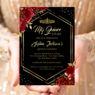 Modern Tiara Floral Red Gold Quinceanera Foil Invi