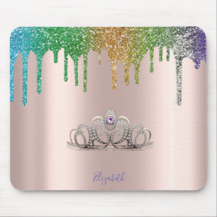 Modern Tiara Glitter Drips Rose Gold Mouse Pad