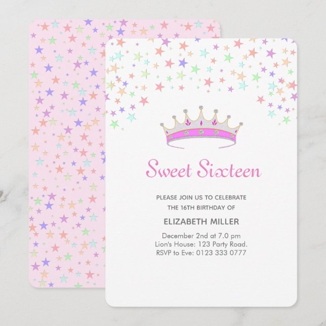 Modern Tiara & Multicolored Stars Sweet Sixteen Invitation (Front/Back)