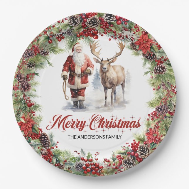 Modern timeless watercolor Santa Claus reindeer Paper Plate (Front)