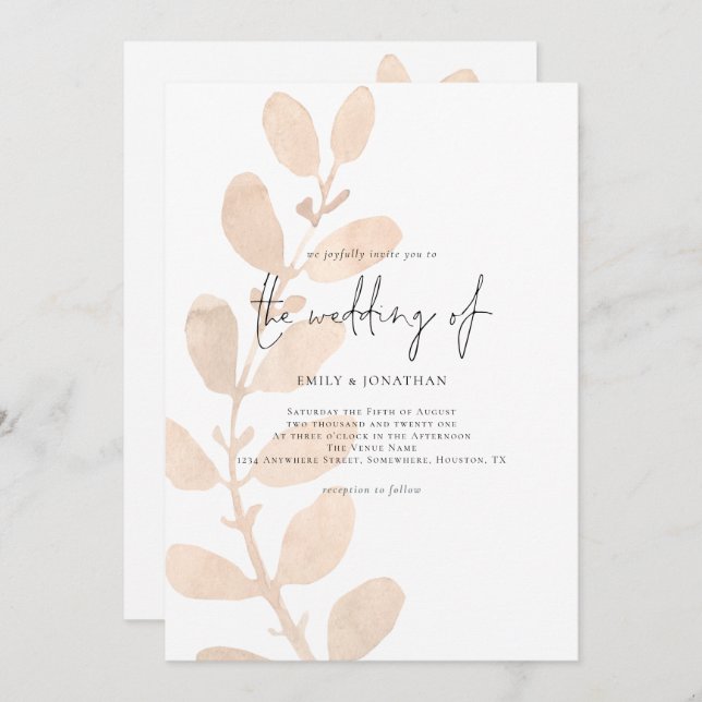 Modern Tinted Peach Foliage Wedding Invitation (Front/Back)