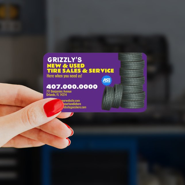 Modern Tire Services Customisable Business Card (Become more visible to potential customers with these tire repair business cards.)