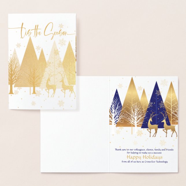 Modern 'Tis the Season Blue and Gold Corporate Foil Card (Display)