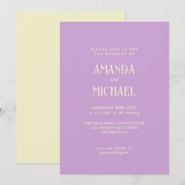 Modern Tonal Lavender Yellow wedding Invitation (Front/Back)