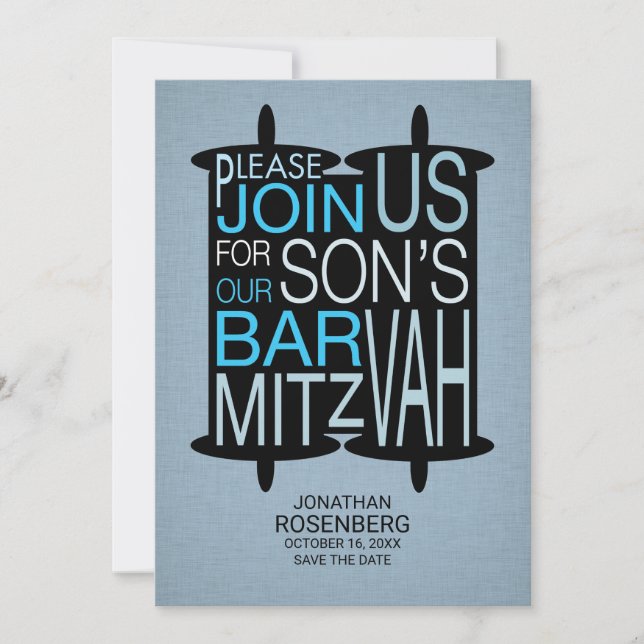 Modern Torah Bar Mitzvah Save the Date Grey Blue (Front)