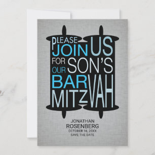 Modern Torah Bar Mitzvah Save the Date Grey Blue
