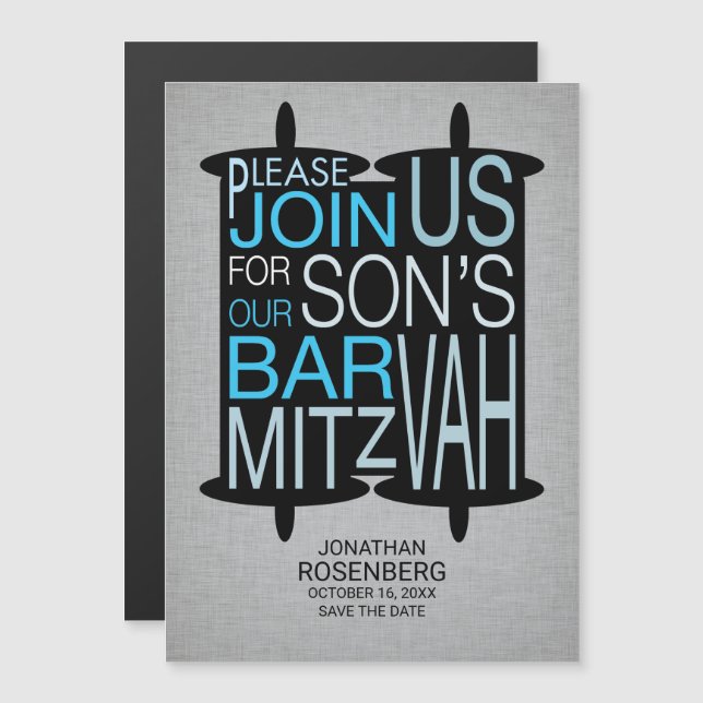 Modern Torah Bar Mitzvah Save the Date Grey Blue Magnetic Invitation (Front/Back)