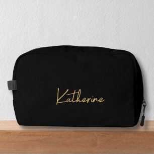 Modern Total Black & Gold Script Name Dopp Kit