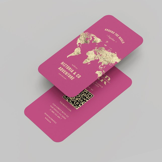Modern Tour Agency Travel Planner Pink Map  Business Card (Modern Tour Agency Travel Planner Pink Gold Business Card
)