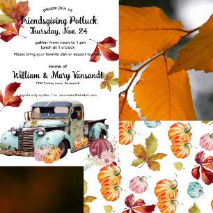 Modern Tradition Rustic Blue Truck Friendsgiving Invitation