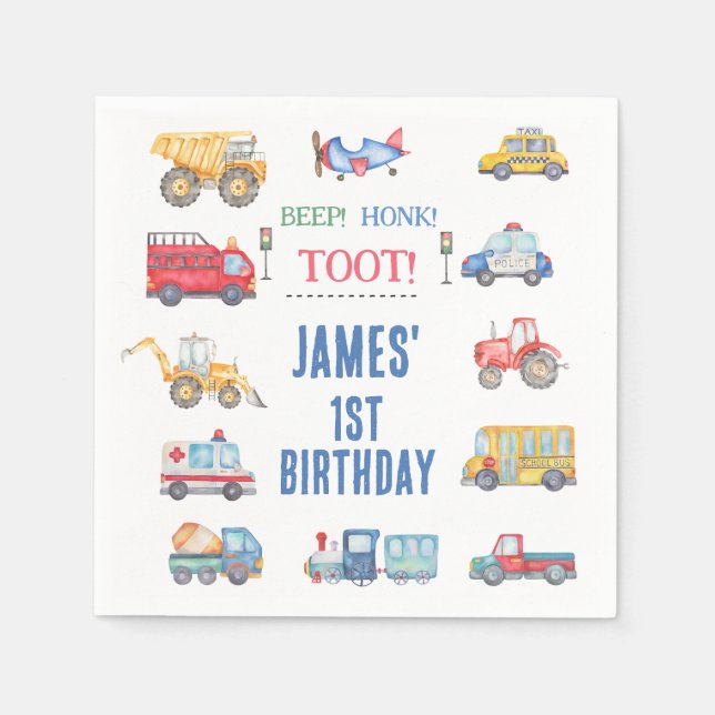 Modern Transport Themed 1st Birthday Party Paper Napkin (Front)