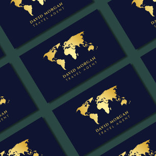 Modern Travel Agent World Map Navy And Gold Business Card