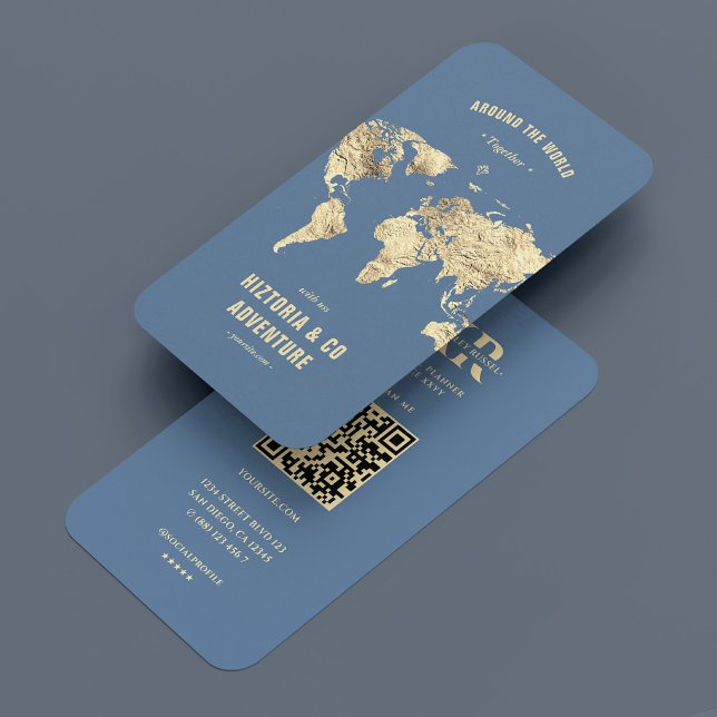 Modern Travel Planner Blue Gold World Map Business Card (Modern Travel Planner Blue Charcoal Gold World Map Business Card
)