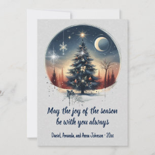 Modern Tree, Against Forest and Moon Christmas Holiday Card