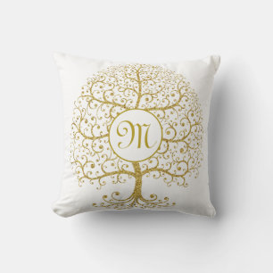 Modern Tree of Life Monogram Gold Cushion