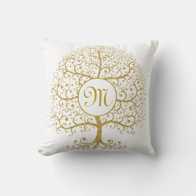 Modern Tree of Life Monogram Gold Cushion (Front)