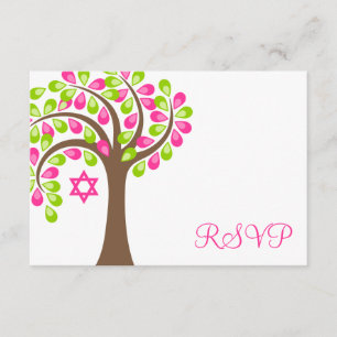 Modern Tree of Life Pink Green Bat Mitzvah RSVP Card