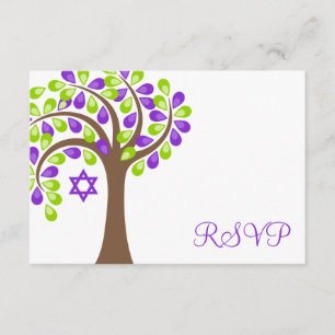 Modern Tree of Life Purple Green Bat Mitzvah RSVP Card