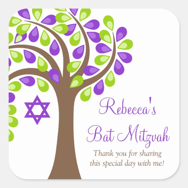 Modern Tree of Life Purple Green Bat Mitzvah Square Sticker (Front)