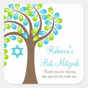 Modern Tree of Life Teal Blue Green Bat Mitzvah Square Sticker