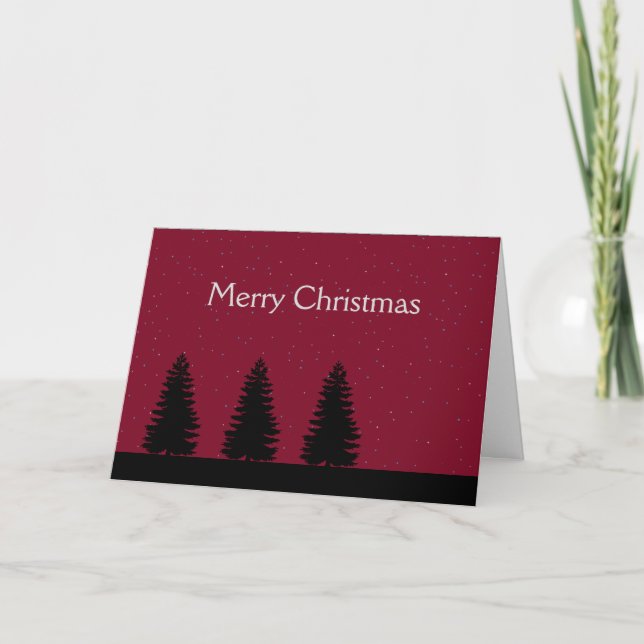Modern tree silhouette dark red sky Christmas card (Front)