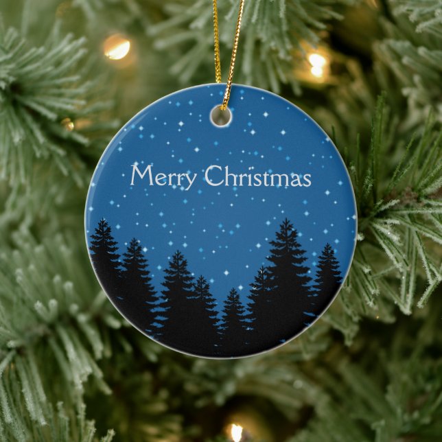 Modern tree silhouettes star sky Merry Christmas Ceramic Ornament (Tree)