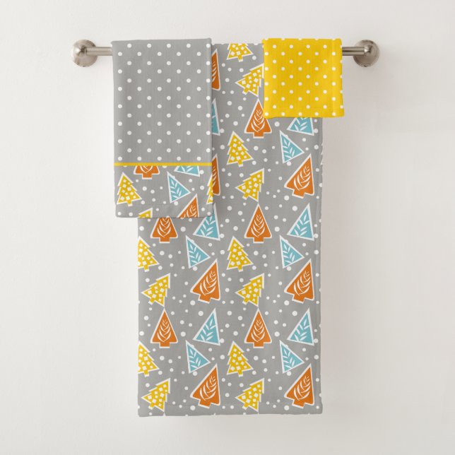 Modern trees and polka dots bathroom towel set (Insitu)