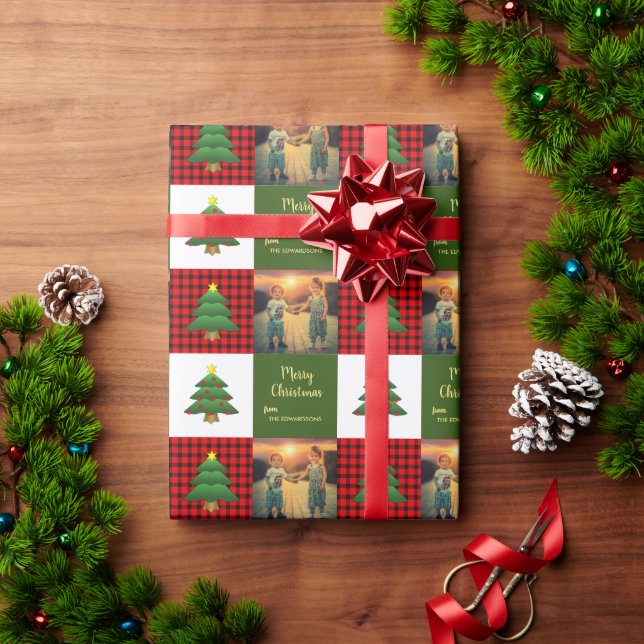 Modern trees Merry Christmas family photo Wrapping Paper (Holiday Gift)