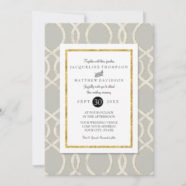 Modern Trellis Lattice Pattern Gold Typography Invitation (Front)